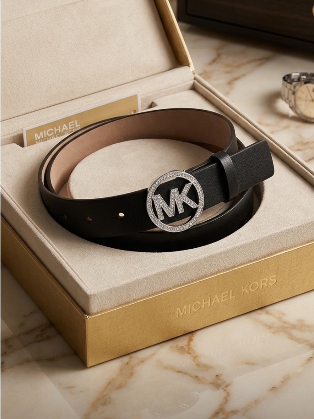 $98 NEW Michael Kors Pave rhinestone leather belt in box L/XL